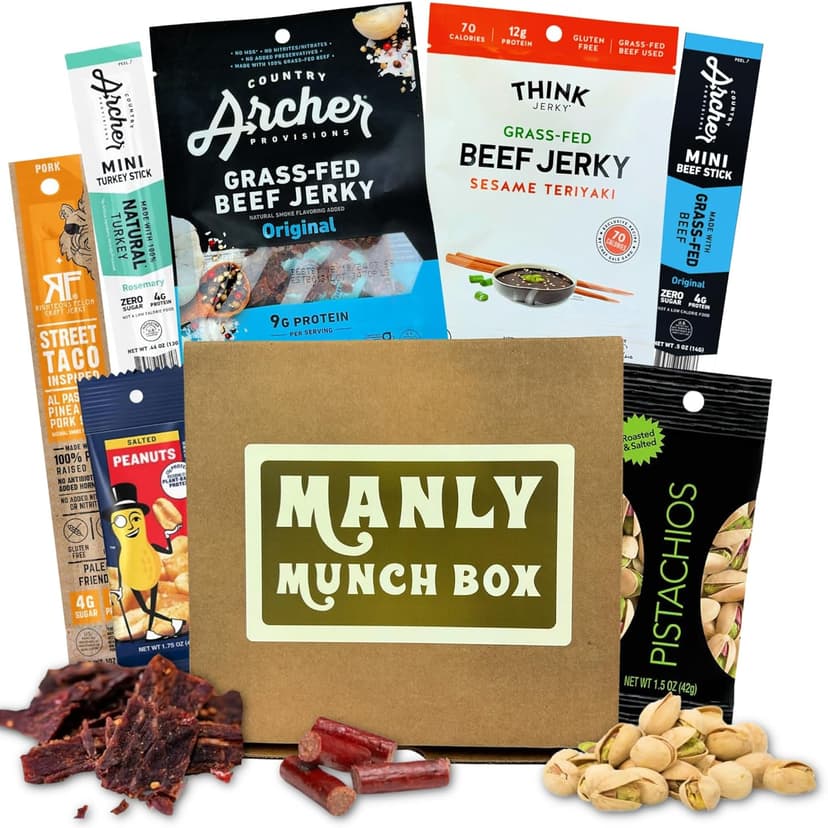Manly Munch Box Jerky Gift Box, Curated Assortment of High Protein Snacks, Beef & Turkey Jerky Variety Pack Gift Set, Exotic Meat Gift for Men & Women