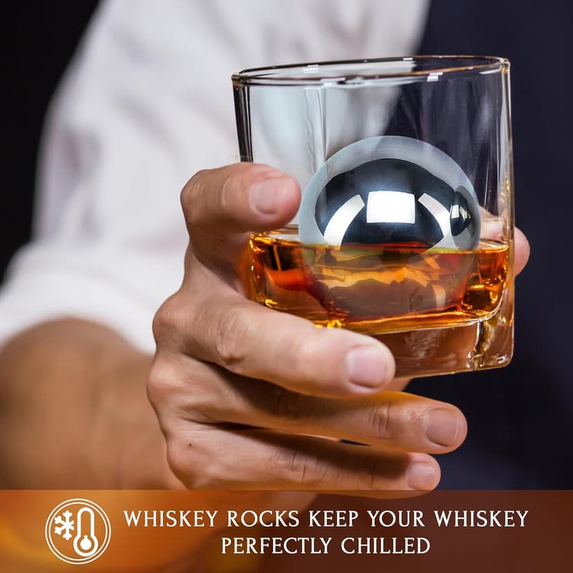 Gifts for Him - Men Dad Husband - 4 XL Stainless Steel Whisky Ice Balls, Special Tongs & Freezer Pouch in Luxury Gift Box for Whiskey Lovers!