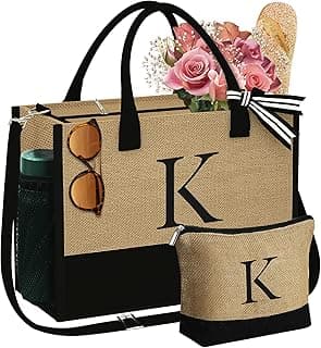 YOOLIFE Personalized Gifts for Women - Initial Jute Tote Bag & Makeup Bag, Birthday Gifts for Women Mom Wife Teacher Friend