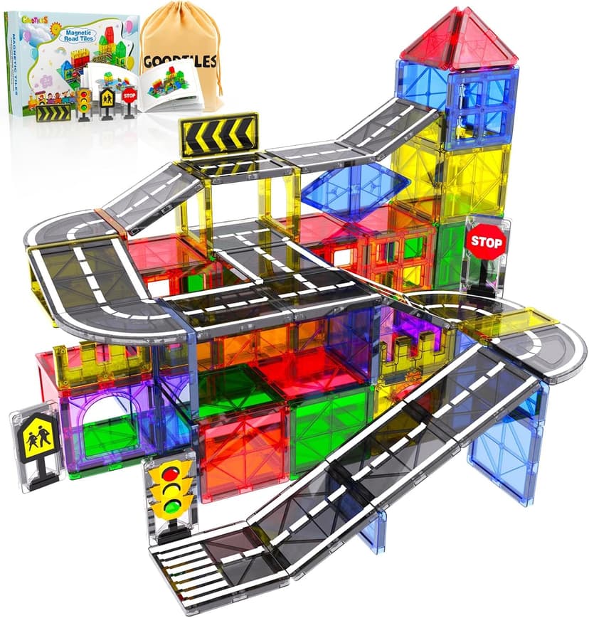 Magnetic Tiles - Road Set, Magnetic Building Blocks, Preschool Montessori Toys Gift for 3+ Year Old Boys and Girls, Sensory Christmas Toys for Kids Aged 3-5 and 4-8, Ideas for Toddler with Autism