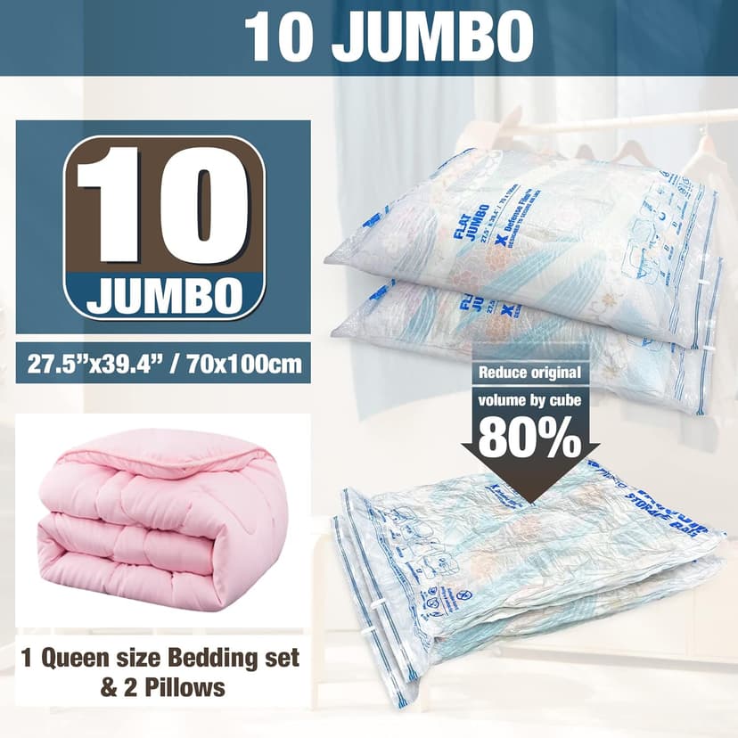 HIBAG Vacuum Storage Seal Bags, 10 Jumbo Space Saver Vacuum Sealer Bags for Clothes, Comforters, Blankets, Bedding (10J)