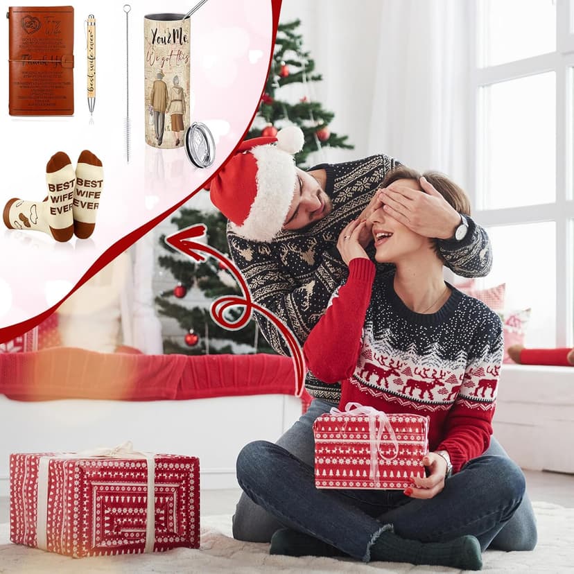 Skylety 4 Pcs to My Wife Gifts Set Leather Journal Stainless Steel Tumbler 20oz Best Wife Pen Socks Anniversary Wedding Christmas Gifts