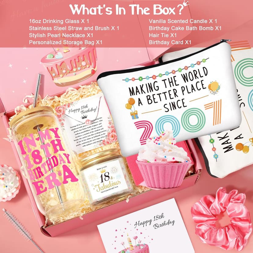 18th Birthday Gifts for Girls, Best Popular Unique Gifts for 18 Year Old Girls Born in 2007, In My 18th Bday Era Gift Set with 18 Fabulous Gift, Happy 18 Year Old Girl Birthday Present Ideas