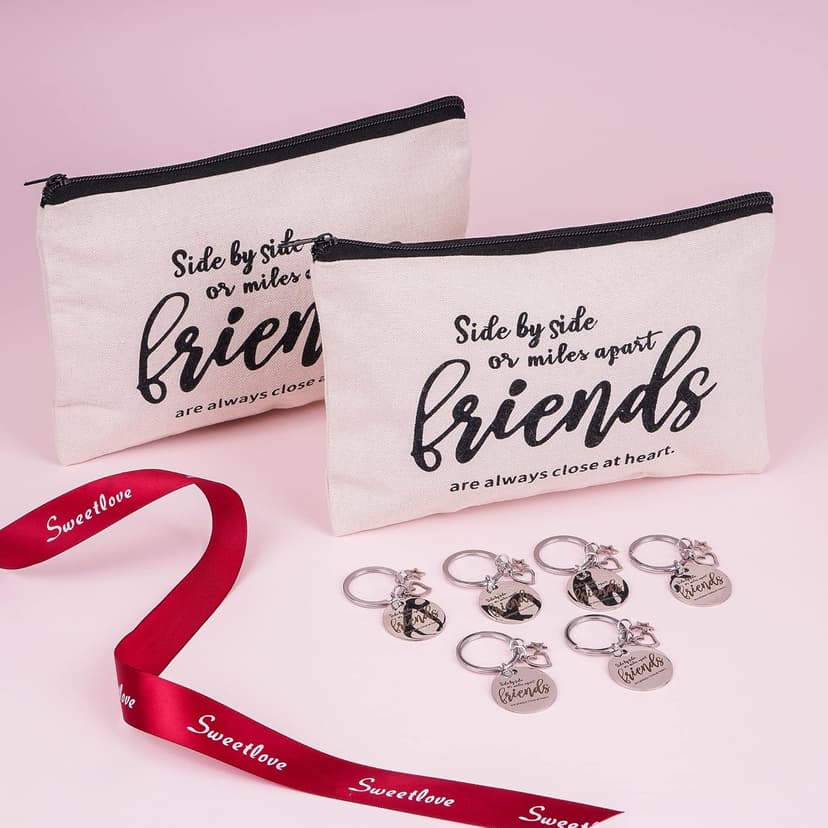 Kolewo4ever 12pc Friend Appreciation Gift Set: 6 Cosmetic Bags & 6 Keychains, White, Letter Print, Zipper Closure, Lightweight, Easy to Clean, Durable, Women Adults, Gift, Travel, Organization