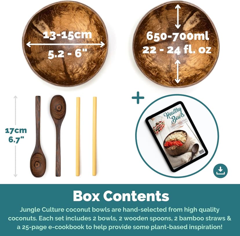 Jungle Culture 2 Polished Coconut Bowl & Wooden Spoons Set with Bamboo Straws • Natural Yoghurt & Smoothie Bowls Ideal for Ninja Creami • Healthy Coco Shell Buddha, Acai • Eco Friendly Vegan Gifts