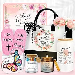 Christian Gifts for Women Faith Based Gift Inspirational Gifts for Women Birthday Unique Catholic Gift Bible Accessories Inclue Bible Verse Jar Butterfly Decorations Socks Glass Can Candles Tote Bag