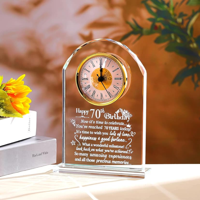 Ornalrist Happy 70th Birthday Glass Clock Gifts for Women, Men - 70 Year Old Birthday Keepsake for Mom, Dad, Parents Home Decor (8.3'' Gift Boxed)