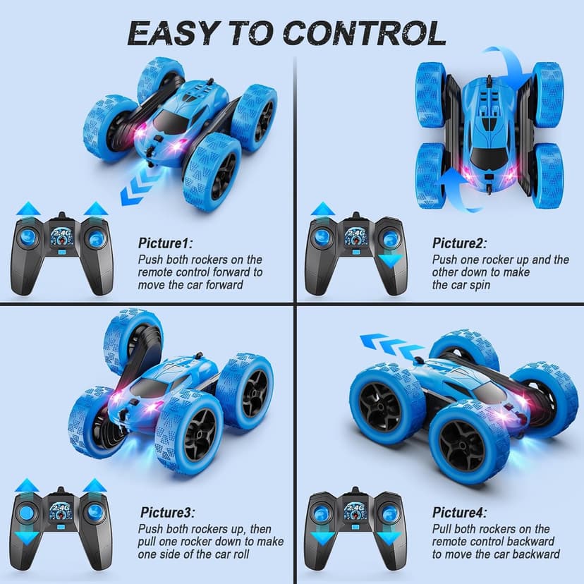 Remote Control Car, RC Cars Toys for Kids Ages 6-12, 4WD Stunt Car with LED Lights & 360° Flips, 2.4GHz, Upgraded USB-C Modular Batteries, 8-10 Year Old Boys Birthday Gift 1-Blue