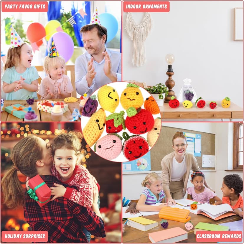 Shappy 10 Sets Inspirational Positive Fruit Toy Gift Cute Funny Wool Knitted Fruit Mini Employee Appreciation Gift Motivational Pun Card Organza Bag Classroom Team Vacation Party Favor for Student