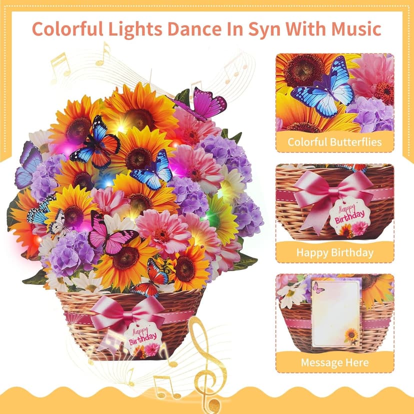 Birthday Cards with MUSIC & LIGHTS, Pop Up Happy Birthday Card, Sunflower & Butterfly, 10 Inch Life Sized Forever Flower Bouquet Gifts for Women Mom Grandma