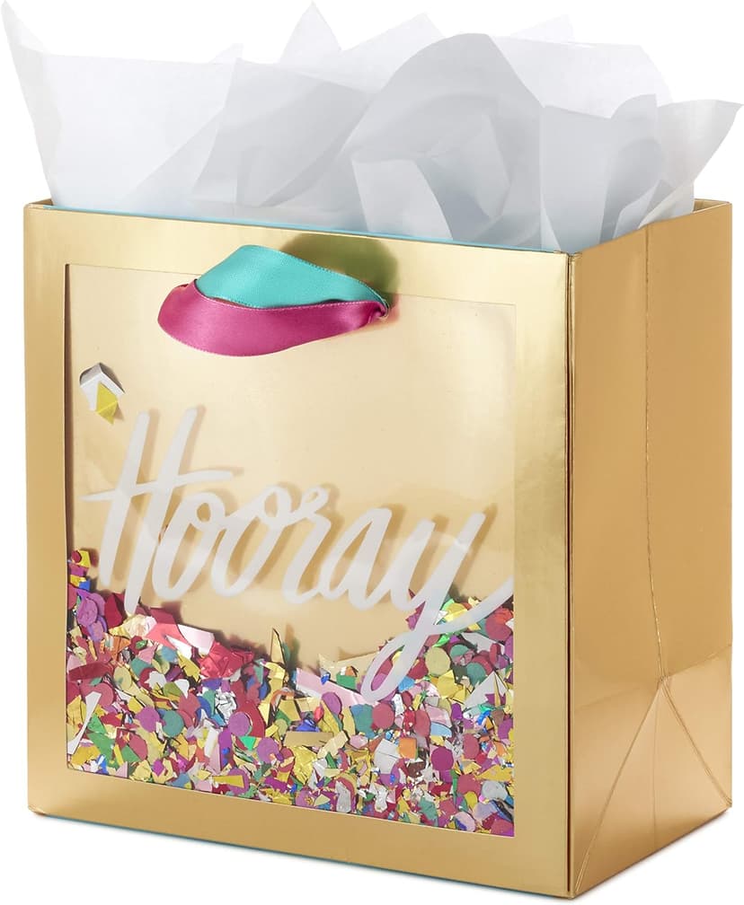 Hallmark Signature 7" Medium Gift Bag with Tissue Paper (Hooray; Gold with Pink, Teal, Purple Confetti) for Bridal Showers, Graduations, Retirements and More