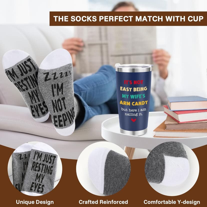 Husband Anniversary Men Gifts for Him from Wife, Husband Birthday Christmas Stocking Stuffers Gift, Wedding Anniversary Men Gifts for Husband Who Has Everything, 20oz Dark Bule Tumbler Cup ＆ Socks