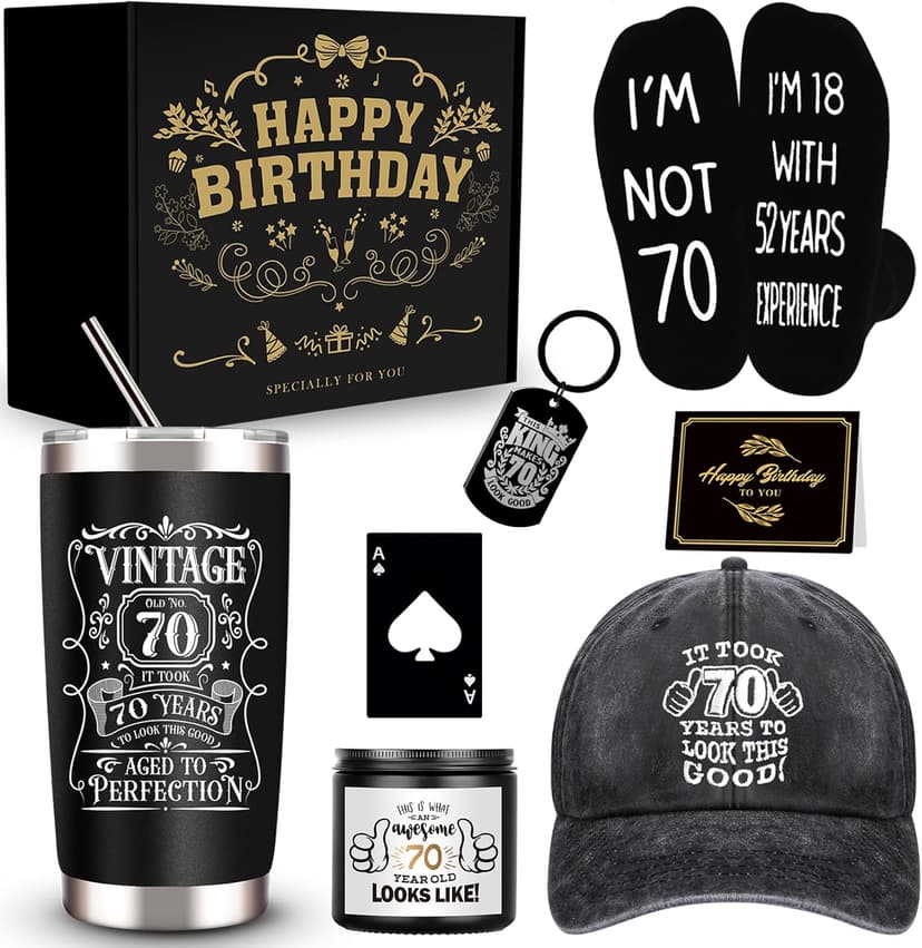 70th Birthday Gifts for Men - Unique Box with 20 Oz Tumbler, Scented Candle, Socks, Baseball Cap for Husband, Dad, Grandpa, Friends, Teachers, Boss