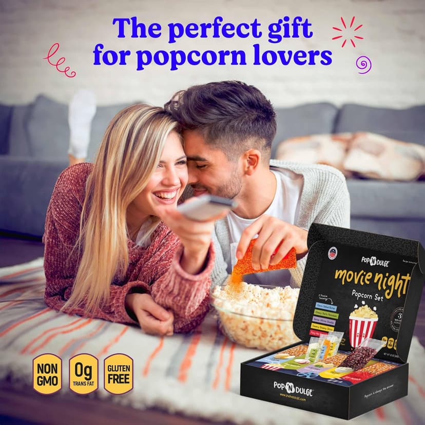 Pop n' Dulge Popcorn Movie Night Supplies 16 pcs Gift Set, 5 Gourmet Popcorn Kernels, 5 Seasoning Variety Packs Non-GMO Kosher Snacks, Great Housewarming Family Date Night Gifts Basket Ideas For Him Her