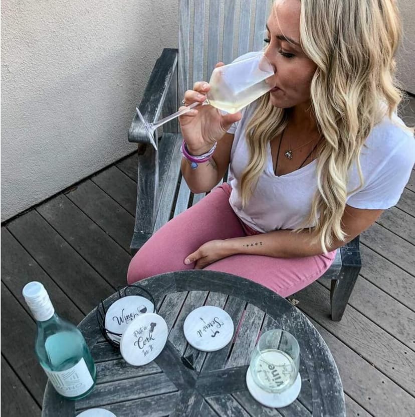 Coasters for Drinks Absorbents with Holder - 6 Pcs Gift Set with 6 Funny Sayings for Wine Lovers - Ceramic Stone with Corked Back, Unique Present for Housewarming, Living Room Decor