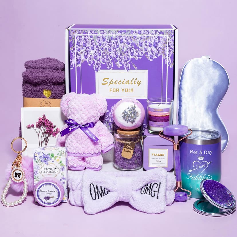 Birthday Gifts for Women,Gifts for Her Purple Gifts Basket for Women Lavender Relaxing Gift Set Self Care Package Unique Female Gift Ideas Birthday Presents Female Friendship Gifts
