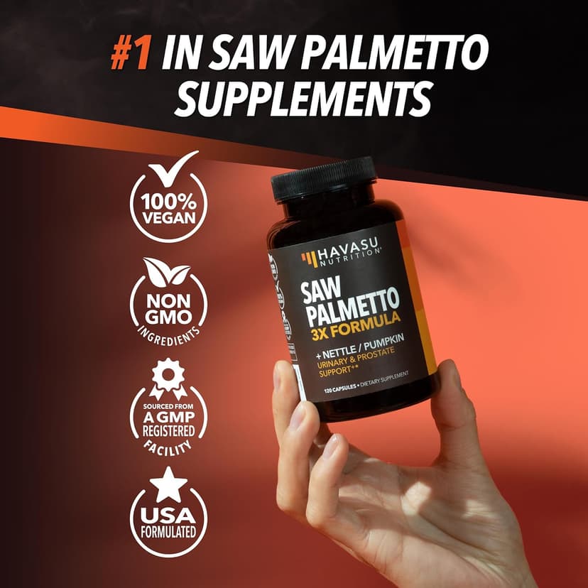 HAVASU NUTRITION Saw Palmetto Supplement with Stinging Nettle and Pumpkin Seed Extract - Advanced 3X Formula - DHT Blocker Urinary Health and Prostate Support for Mens Health - Vegan, Non-GMO Capsules - 2 Month Supply