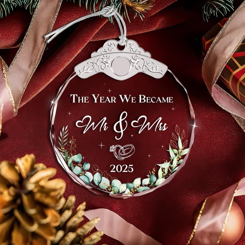 Glass Ornament - Mr & Mrs 2025 Wreath Leaf Wedding Ornaments - Newlywed Gifts for Couples 2025 - Couple Ornament for Bride and Groom - Elegant Engagement Keepsake for Christmas Tree Décor