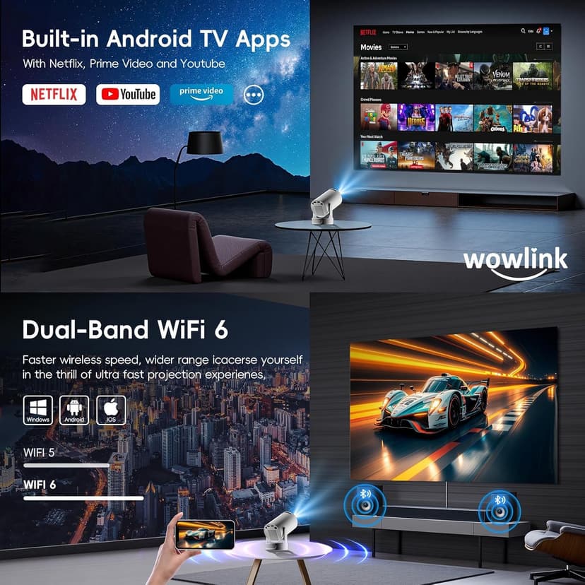 [Built-in Apps & 2025 Upgraded] Mini Projector with WiFi 6 and Bluetooth 5.4 Support 4K 1080P Auto Keystone 180° Rotatable Projector Portable Compatibile with HDMI/TV Stick/Memory Stick/Laptop, White