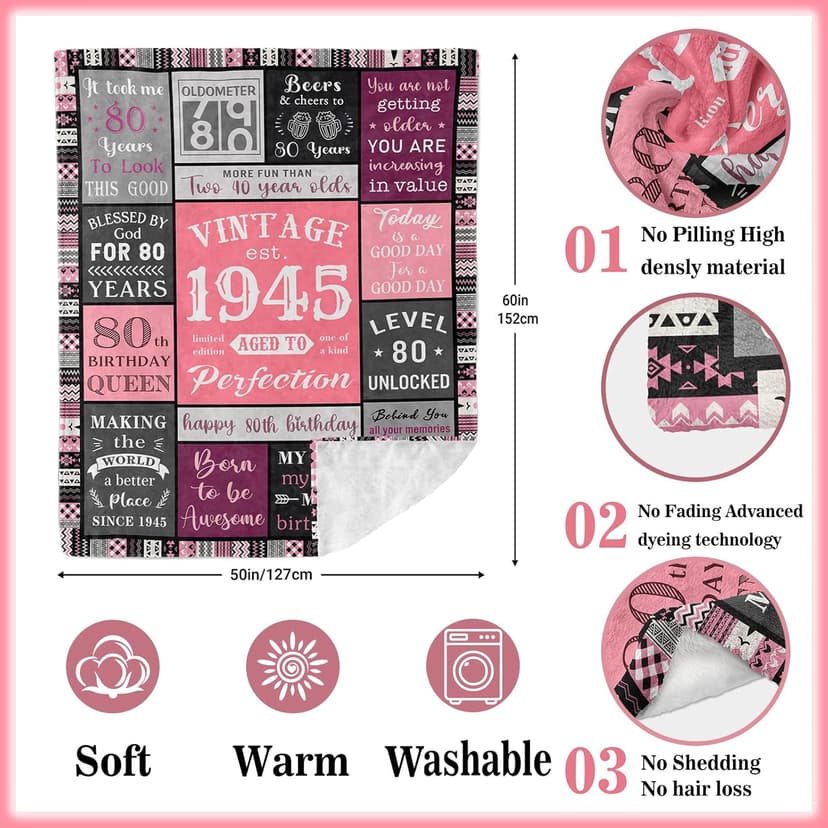 Ryubein 80th Birthday Gifts for Women, 80th Birthday Decorations for Women, 80 Year Old Birthday Gifts for Woman, Best Gifts for 80th Birthday, 1945 80th Birthday Blanket 50" X 60"