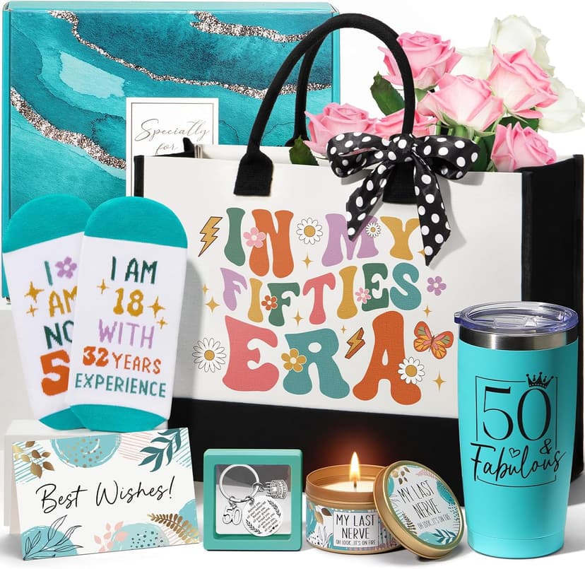 50th Birthday Gifts for Her, Fabulous 50th Birthday Gifts for Women, Cool Turning 50 Year Old Gifts 1975 Gifts, Unique Happy 50th Birthday Gifts Ideas for Her Mom Sister Friend Wife w/ Canvas Tote Bag