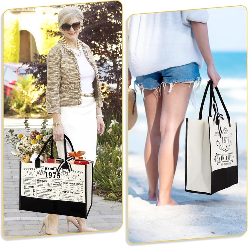 50th Birthday Gifts for Women Canvas Tote Bag Travel Gear, Unique 50 Years Old Gifts for Wife Sister Mom Aunt Friends Her, Vintage 1975 Handbag & Cosmetic Bag & Back in 1975 Poster