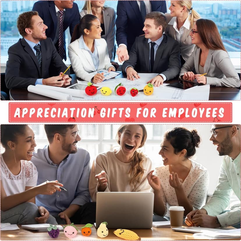 Shappy 10 Sets Inspirational Positive Fruit Toy Gift Cute Funny Wool Knitted Fruit Mini Employee Appreciation Gift Motivational Pun Card Organza Bag Classroom Team Vacation Party Favor for Student