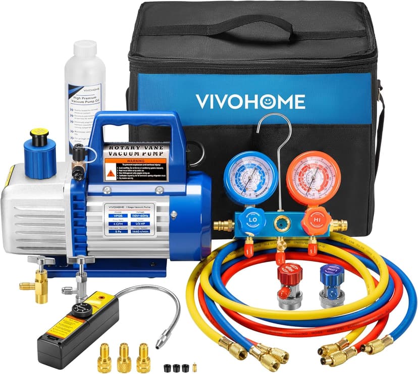 VIVOHOME 110V 1/3 HP 4CFM Single Stage Rotary Vane Air Vacuum Pump and R134a AC Manifold Gauge Set Kit with Leak Detector Carry Bag for HVAC Air Conditioning Refrigeration Recharging ETL Listed