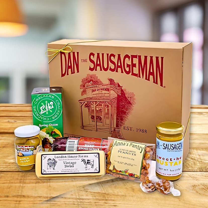 Dan the Sausageman Juneau Gourmet 8 items Gift Basket - Original Summer Sausage, Wisconsin Cheese, Mustard, Craker, Olives, Nuts and Candy | Gift Snack Box