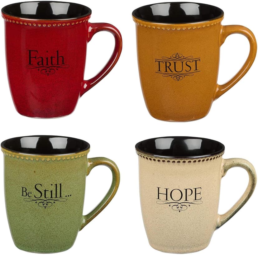 Christian Art Gifts Set of Four Rustic Stoneware Coffee/Tea Mugs w/Bible Verses Sage Green, Ivory, Paprika Red, Pumpkin Orange Inspirational Coffee/Tea Cup for Men and Women