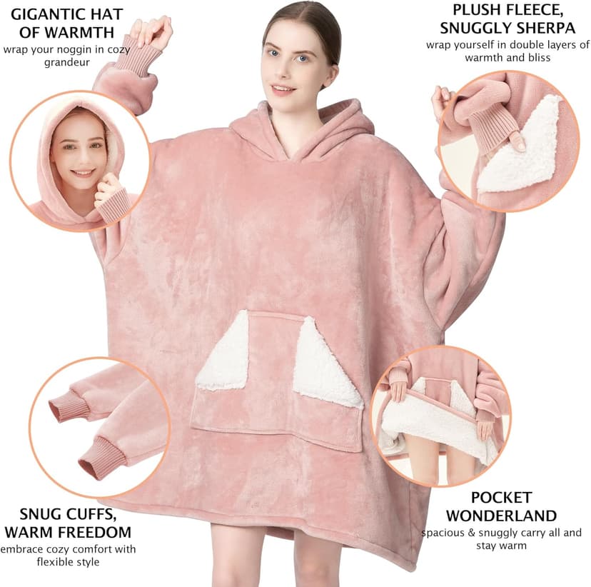Touchat Wearable Blanket Hoodie, Oversized Sherpa Blanket Sweatshirt with Hood Pocket and Sleeves, Super Soft Warm Plush Hooded Blanket for Adult Women Men, One Size Fits All (Pink)