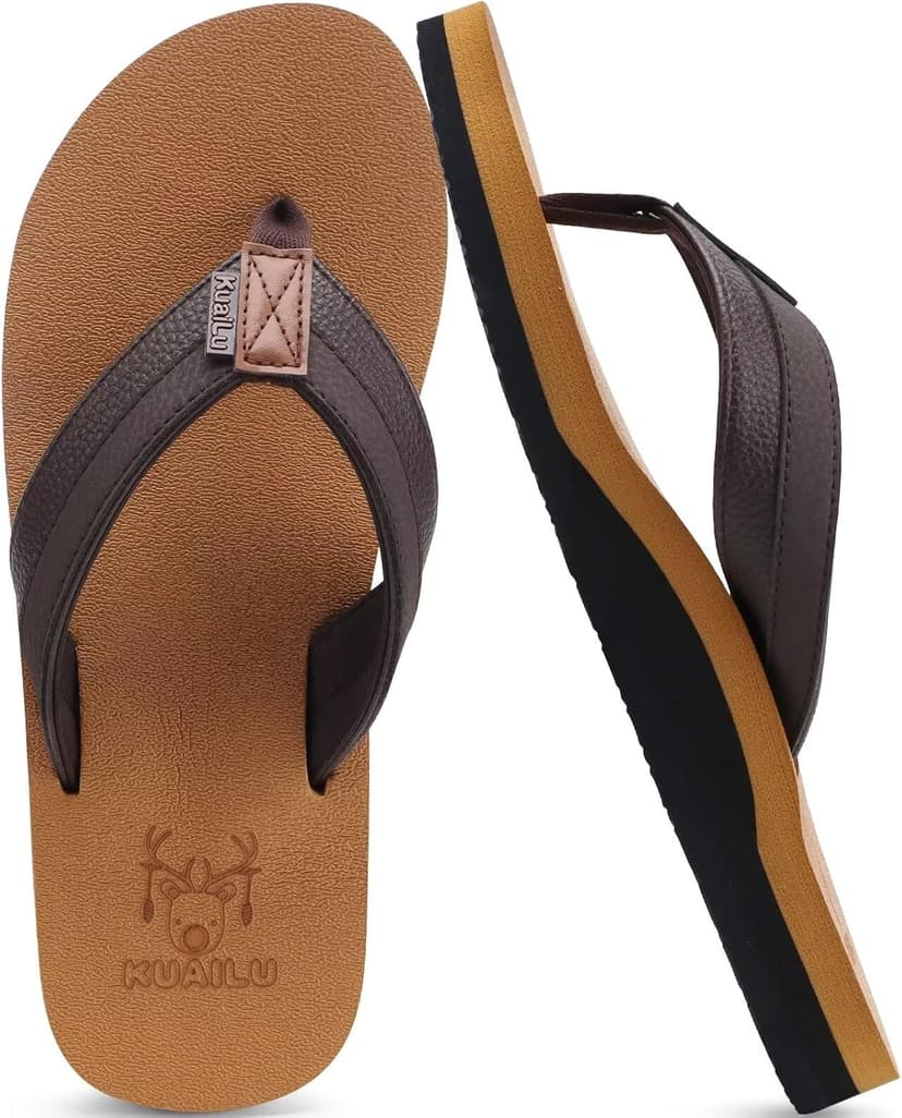 KuaiLu Men's Yoga Mat Leather Flip Flops with Arch Support Comfortable Cushion Walking Thong Sandals Slip On Indoor Outdoor