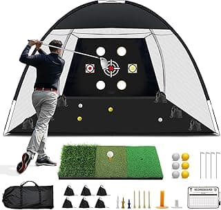 Golf Net, 10x7 Ft Practice Hitting Golf Net with Tri-Turf Mat, Ball, Tee, and Carring Bag, All-in-One Multi-Target Training Aid for Outdoor/Indoor Chipping & Driving, Ideal Gift for Men/Enthusiasts
