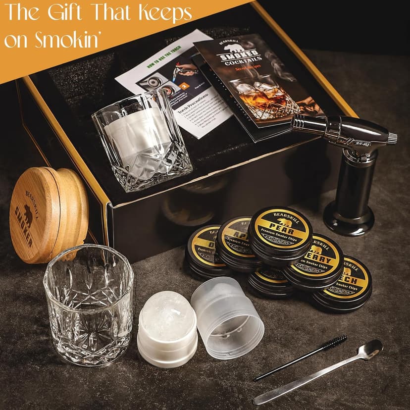 Whiskey Smoker Kit with Torch - 6 Natural Wood Chips Flavors, 2 Glasses, 2 Ice Molds - Cocktail Smoker Infuser Kit, Old Fashioned Smoker Kit, Birthday Bourbon Whiskey Gifts for Men, Dad(No Butane)