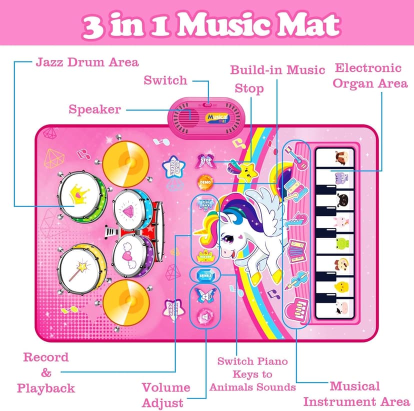 Toys for 1 Year Old Girl Gifts: Baby Musical Mat Toddler Toys Age 1-2 - 3 in 1 Piano Drum Animal Touch Unicorn Toys - Infant Music Toy 12-18 Months Babies Birthday Gifts for 1 2 3 Year Old Boys Girls