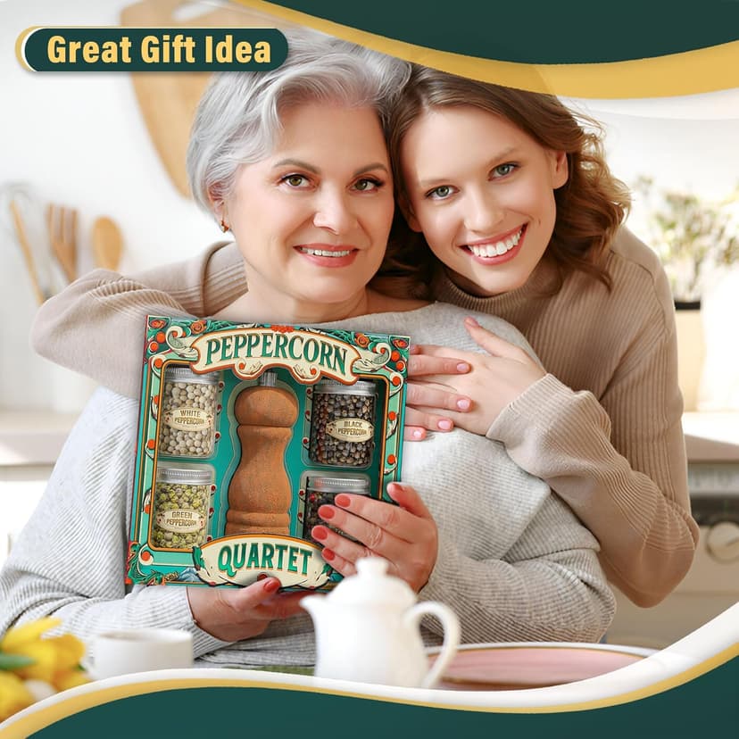 Gourmet Peppercorn Gift Set with Wooden Pepper Mill in Gift Box - 4 Variety (Green, Black, White, Medley). Unique Christmas Gifts for Dad Gifts Stocking Stuffers for Adults Mother Day Fathers Day
