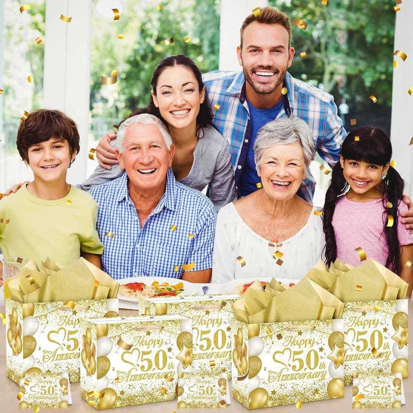 50th Anniversary Paper Gift Bag - White Gold Wedding Gift Wrapping Bag with Tissue Papers & Card - Perfect for Golden Wedding Anniversary or Christmas Decor