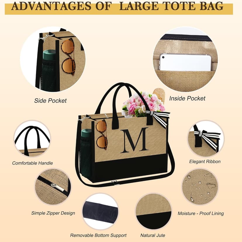 YOOLIFE Christmas Gifts for Women - Initial Jute Tote Bag & 2 Makeup Bags Personalized Gifts for Women Teacher Mom Friend