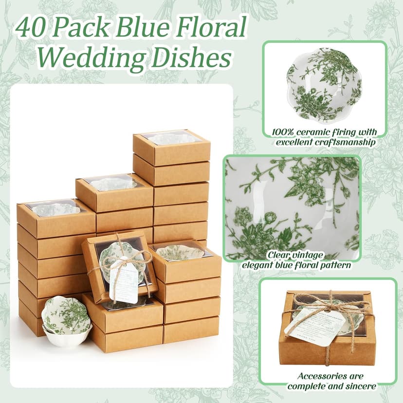 40 Pack Wedding Favors for Guests Small Ceramic Bowls Bulk Gifts Set 3.3 Inch Green Verdure Design Mini Dipping Bowl Sauce Dish with Cards Box for Party Shower Favor Souvenir