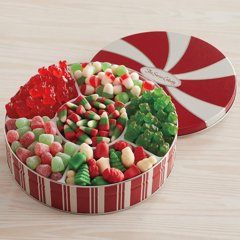 The Swiss Colony Christmas Candy Assortment Gift Box – Juju Drops, Spice Drops, Mellowcremes, Gummy Bears, Holiday Candy Corn, Gummies, Holiday Treats