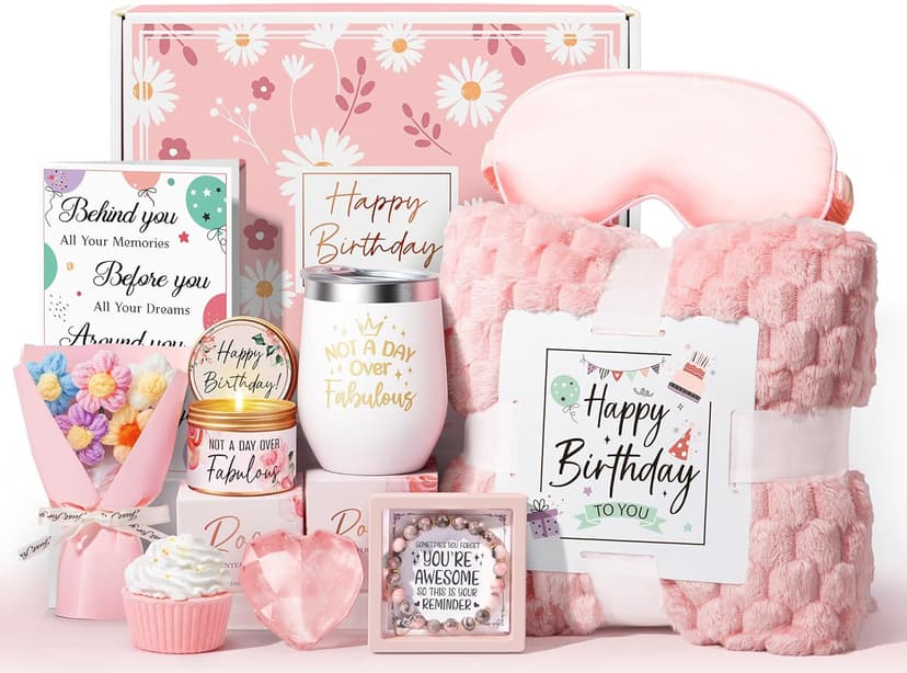 Birthday Gifts for Women Friendship, Unique Happy Birthday Gifts Basket for Mom Her Best Friend Sister Wife Girlfriend Coworker, Luxury Self Care Box Rose Relaxing Spa Gifts Set for Women with Blanket