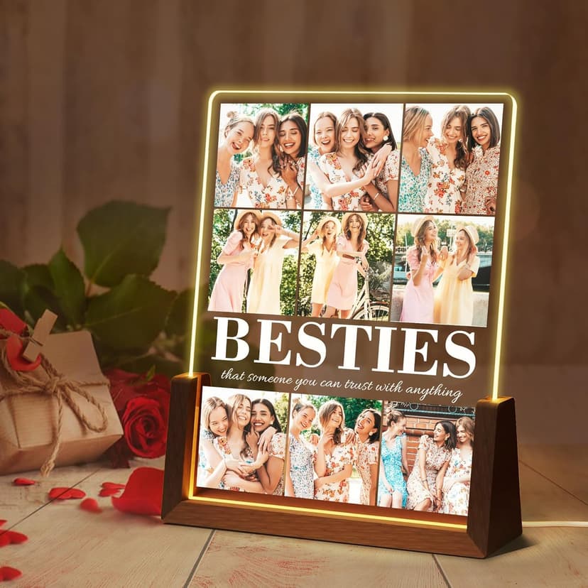 Personalized Best Friend Birthday Gifts for Women, Custom Acrylic Plaque Printed Walnut Picture Frame With LED Night Light, Personalized Christmas Gifts for Friendship, Friend, Women, Besties, BFF