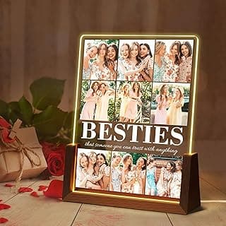 Personalized Best Friend Birthday Gifts for Women, Custom Acrylic Plaque Printed Walnut Picture Frame With LED Night Light, Personalized Christmas Gifts for Friendship, Friend, Women, Besties, BFF