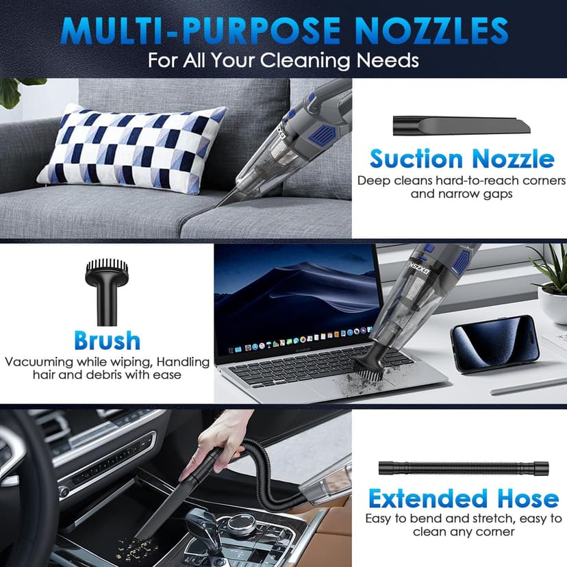 Handheld Vacuum Cordless, 15000PA Strong Suction Hand Held Car Vacuum Cleaner Rechargeable, Portable Hand Vacuum with Multi-Nozzles & Washable Filter for Home Office, Car, Pets