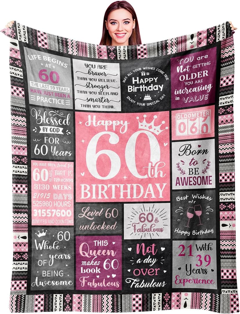 60th Birthday Gifts for Women Throw Blanket 60”X50”, Happy 60th Birthday Decorations Gift Ideas for 60 Year Old Woman, 1965 Bday Gifts for Mom Grandma