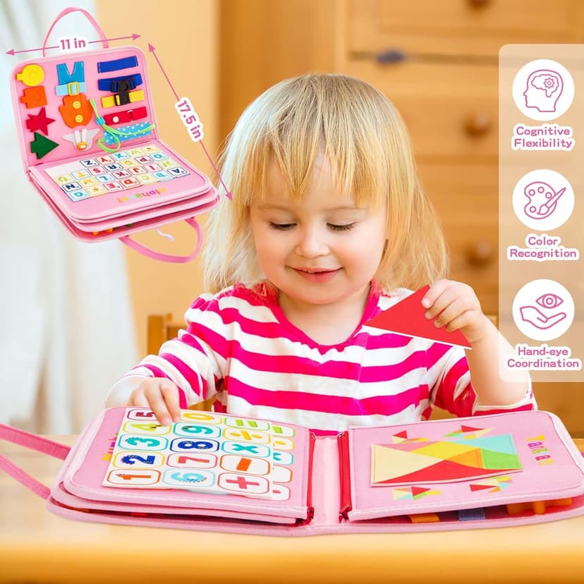 Montessori Busy Board for Toddlers 1-4 Years Old – Sensory Educational Toy for Fine Motor Skills, Travel-Friendly Activity Book, for Boys & Girls, Pink