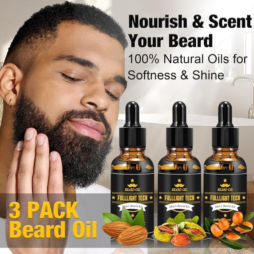 Beard Kit for Men Grooming & Care W/3 Pack Beard Oil, Wash, Balm, Comb, Brush, Scissors,Anniversary Valentines Birthday Fathers Gifts Idea for Husband Him Boyfriend Dad Men Christmas Stocking Stuffers