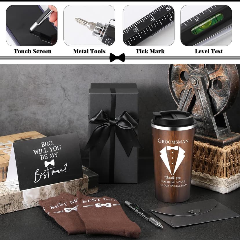 Nuanchu 6 Pcs Best Man Gifts Wedding Proposal Gift for Best Man Groomsman 17oz Office Cup Tumbler Socks Multi Tool Ballpoint Pen with Greeting Card Envelope(Wood Color)
