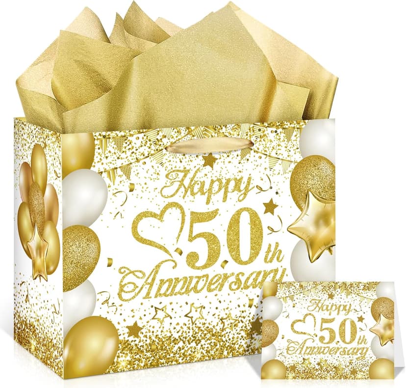 50th Anniversary Paper Gift Bag - White Gold Wedding Gift Wrapping Bag with Tissue Papers & Card - Perfect for Golden Wedding Anniversary or Christmas Decor