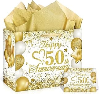50th Anniversary Paper Gift Bag - White Gold Wedding Gift Wrapping Bag with Tissue Papers & Card - Perfect for Golden Wedding Anniversary or Christmas Decor